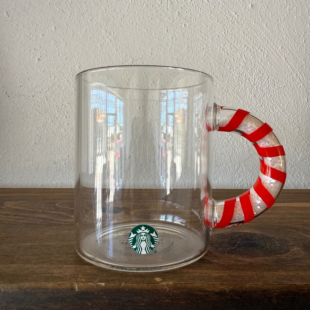 Starbucks 2020 Holiday Clear Glass Mug 12 oz Candy Cane Glitter Handle Siren